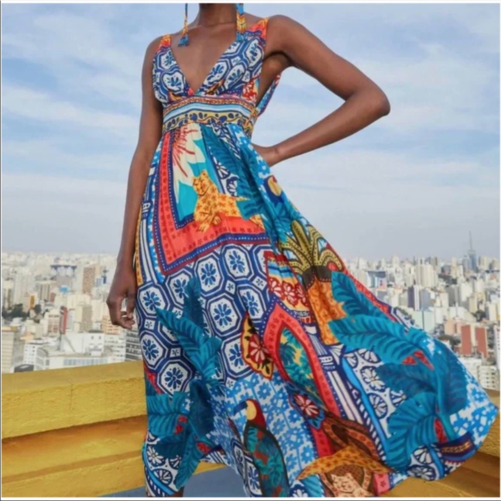 FARM RIO Tiles Flowy Print V-Neck Dress In Forest Tiles